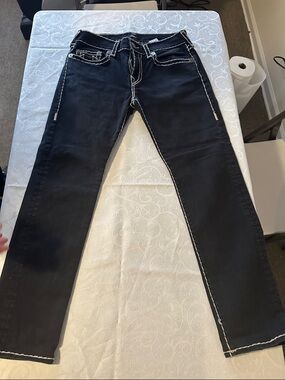 True Religion Black Men's Straight Jeans with Contrast Stitching
